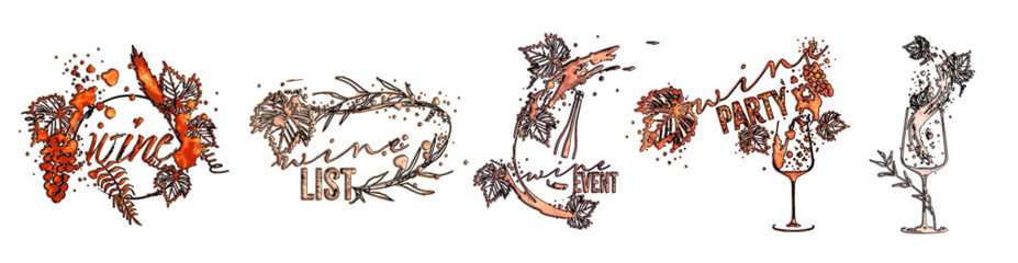 Wine Designs. Collection of wine glasses and bottles. Hand drawn elements for invitation cards, advertising banners and menus. Wine glasses with splashing wine. Sketch vector illustration.