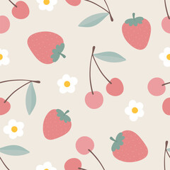 Cherry fruit seamless pattern, abstract repeated cartoon background, vector illustration - 610721525