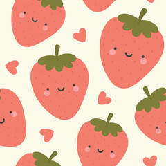 Cute strawberry fruit kawaii face seamless pattern, abstract repeated cartoon background, vector illustration - 610721545