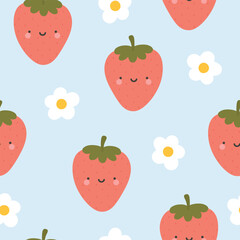 Cute strawberry fruit kawaii face seamless pattern, abstract repeated cartoon background, vector illustration