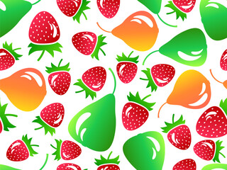 Seamless pattern with pears and strawberries in 3d style. Summer fruit mix with pear and strawberry on a white background. Design for print, fabric and poster. Vector illustration