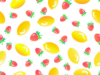 Seamless pattern with lemons and strawberries in 3d style. Summer fruit mix with strawberry and lemon on a white background. Design for print, fabric and poster. Vector illustration