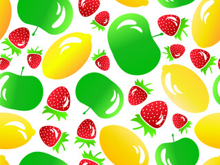 Seamless pattern with strawberry, lemon and apple in 3d style. Fruits with light reflection: lemon, apple, strawberry. Design for printing on paper and fabrics and posters. Vector illustration
