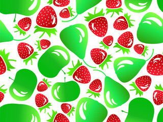 Seamless pattern with strawberry, apple and pear in 3d style. Fruits with light reflection, green apple and pear and red strawberry. Design for print, fabrics and posters. Vector illustration