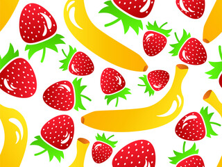 Seamless pattern with bananas and strawberries in 3d style. Summer fruit mix with strawberry and banana on white. Design for printing on paper and fabric, banners and posters. Vector illustration