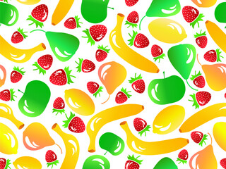 Fruity seamless pattern with strawberries, apples, bananas, pears, lemons in 3d style. Summer berry-fruit mix on a white background. Design for print, banners and posters. Vector illustration