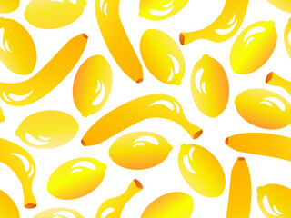 Seamless pattern with bananas and lemons in 3d style. Summer fruit mix with lemon and banana with light reflection. Design for printing on paper and fabric, banners and posters. Vector illustration