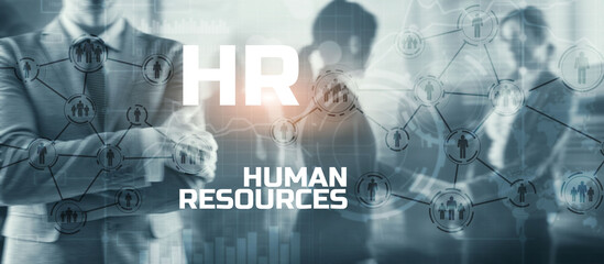 HR - Human resources management and recruitment concept. Double exposure people network mixed media structure