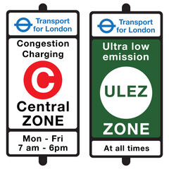 Congestion Charge and Ultra Low Emission Zone sign. A street traffic sign for for the London Congestion Charge and the Ultra Low Emission zone. Eps 10 vector illustration.