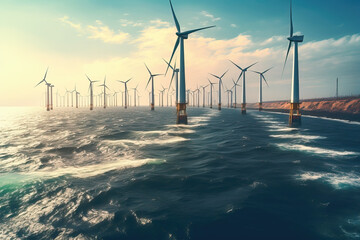 Windmill park standing in the sea on a cloudy day. Wind turbines standing in the sea.