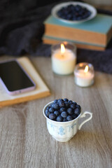 Cup of blueberries, set of books, phone, eyeglasses, lit candles and blanket on the table. Hygge at home. Selective focus.