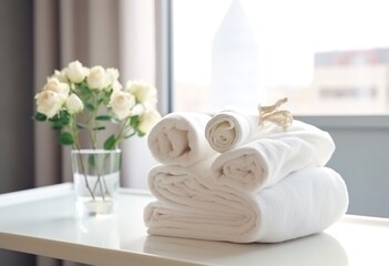 Obraz na płótnie Canvas White clean towels on table in bathroom, generative ai