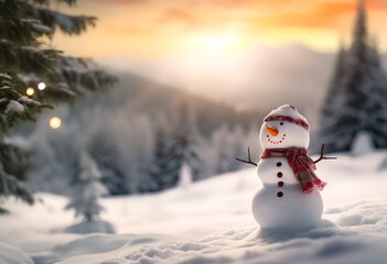 Obraz premium Christmas snowman on snow, generative ai