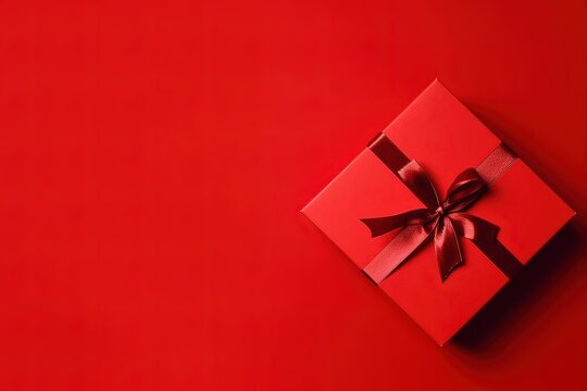 Rote Geschenkbox auf rotem Hintergrund: Intensive Farbkontraste, matte Hintergrundgestaltung, lebendige Farbauswahl, authentisch eingefangene Momente, organische Textur, fesselnde und emotionale Bilde