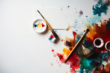 Pintura &oacute;leo pinceles con acuarelas en fondo blanco. Acuarelas &oacute;leo de colores vivos sobre lienzo blanco y diferentes pinceles y brochas. Generative ai.