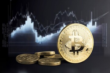 Golden Bitcoin coin and cryptocurrency concept with graph.