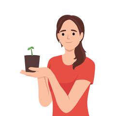 Woman holds handful of earth with plant drawing attention to problem of ecology and pollution or CO2 emissions. Happy girl doing plant cultivation and care for environment or ecology. Flat vector