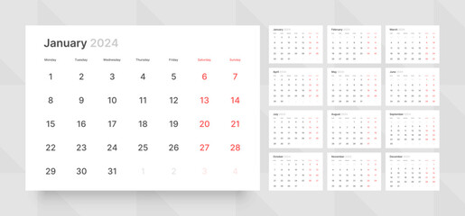 Monthly calendar template for 2024 year. Wall calendar grid in a minimalist style. Week Starts on Monday. Planner for 2024 year.