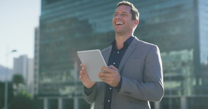 Tablet, city and business man laughing at funny research report, online review or customer experience feedback. Reading, happiness and person laugh at social media meme, blog article joke or comedy