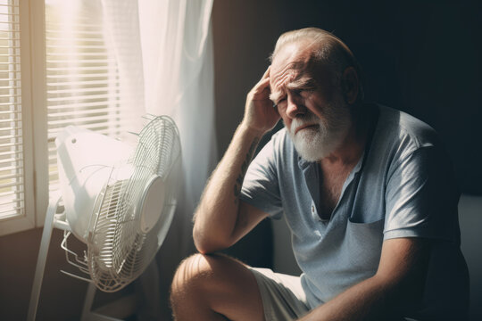 Middle Aged Man Sitting Near Cooling Fan At Home