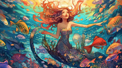 Obraz na płótnie Canvas A mermaid swimming in the ocean with fish. Fantasy concept , Illustration painting. Generative AI