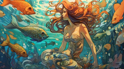 Fototapeta premium A mermaid swimming in the ocean with fish. Fantasy concept , Illustration painting. Generative AI