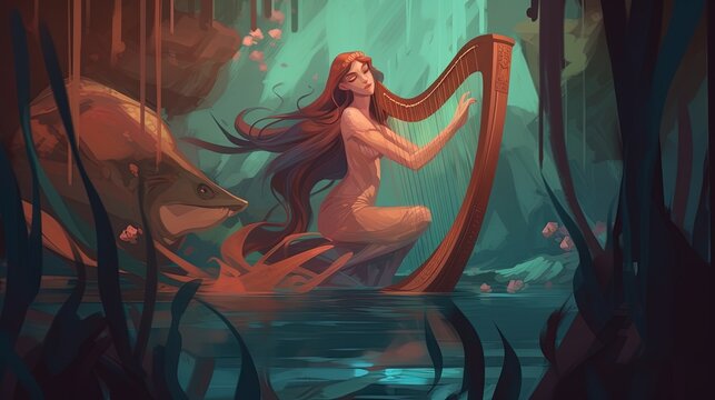 A mermaid with a harp. Fantasy concept , Illustration painting. Generative AI