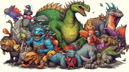 Obraz premium A mythical creature menagerie. Fantasy concept , Illustration painting. Generative AI