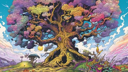Fototapeta na wymiar A mythical tree with magical powers. Fantasy concept , Illustration painting. Generative AI