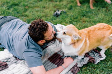 bearded man rests in the park with his pet corgi dog in nature licks the owner summer picnic