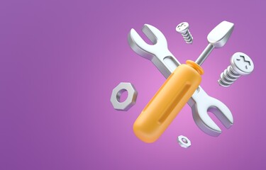 Screwdriver and Fixed Wrench. 3D Illustration
