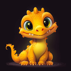 Super cute Golden, Yellow little baby dragon with big black eyes. Fantasy monster. Small Funny Cartoon character. Fairy tale. Isolated on black. Full body. 3d vector illustration for children