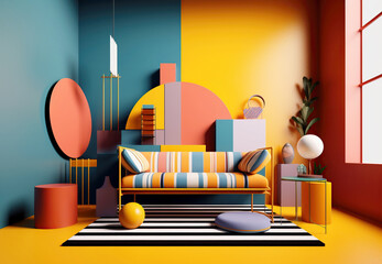 Striped colorful sofa in room wth geometric shapes decorative pieces. Postmodern interior design of modern living room. Created with generative AI