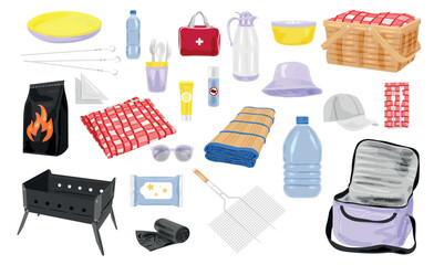 Set for picnic on white background