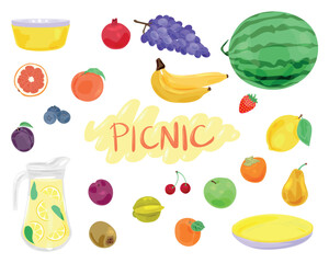 Set of food for picnic on white background