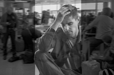 Young sad man with depression, black and white color