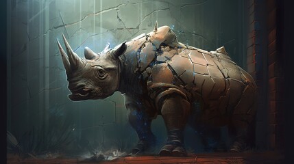 A robotic rhinoceros breaking through a wall. Fantasy concept , Illustration painting. Generative AI