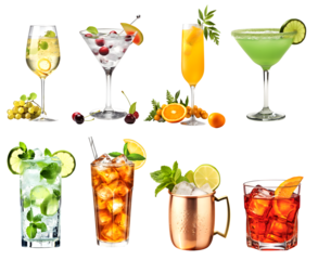 Alcohol Cocktail Mocktail. Many assorted different range types isolated on transparent background cutout. PNG file. 
