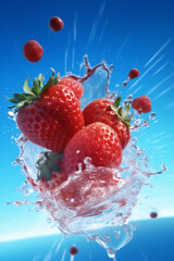 blue splash red healthy water strawberry food fresh background fruit freshness. Generative AI.