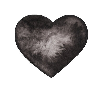 Black, dramatic heart isolated on white background, watercolor, hand drawn. Element for design and decoration with blur and gradient.