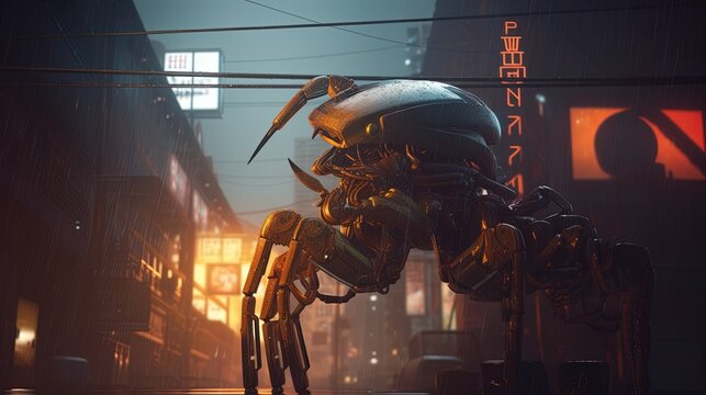 A robotic scorpion perched on a night street. Fantasy concept , Illustration painting. Generative AI