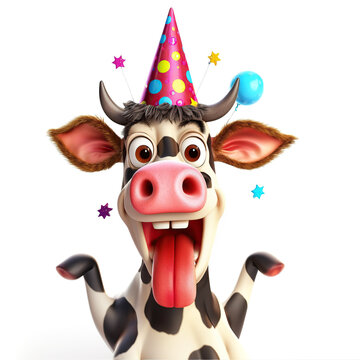 Funny cartoon cow wearing party hat and sticks out tongue isolated over white background. Colorful joyful greeting card for birthday or other festive events. Created with generative Ai