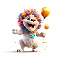 Funny cartoon party lion with air balloons isolated over white background. Colorful joyful greeting card for birthday or other festive events. Created with generative Ai