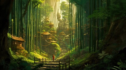 A scenic bamboo forest with a hidden temple and a monk's training ground. Fantasy concept , Illustration painting. Generative AI