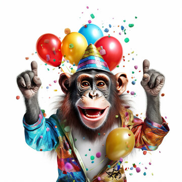 Funny Cartoon Party Monkey With Air Balloons And Confetti Isolated Over White Background. Colorful Joyful Greeting Card For Birthday Or Other Festive Events. Created With Generative Ai