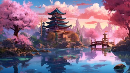 A scenic cherry blossom garden with a pagoda and a peaceful pond. Fantasy concept , Illustration painting. Generative AI - obrazy, fototapety, plakaty