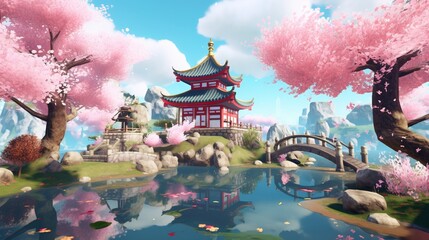 Fototapeta premium A scenic cherry blossom garden with a pagoda and a peaceful pond. Fantasy concept , Illustration painting. Generative AI