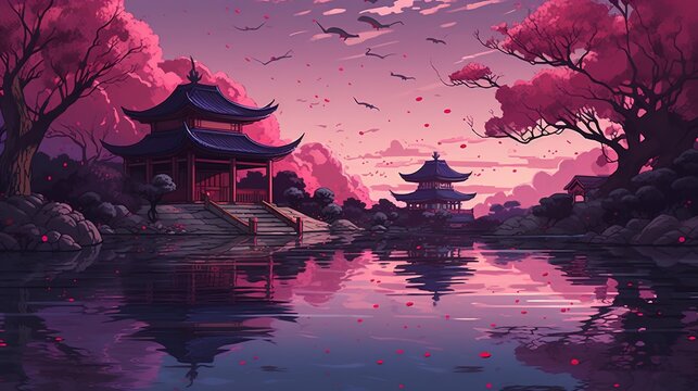 A scenic cherry blossom garden with a pagoda and a peaceful pond. Fantasy concept , Illustration painting. Generative AI