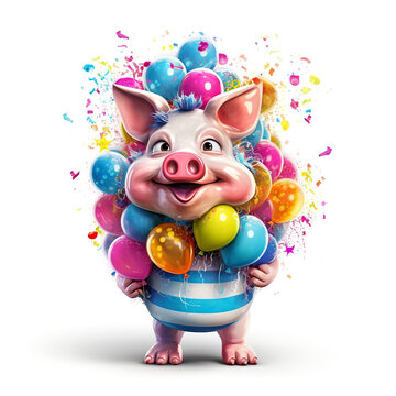 Funny cartoon party pig with air balloons isolated over white background. Colorful joyful greeting card for birthday or other festive events. Created with generative Ai
