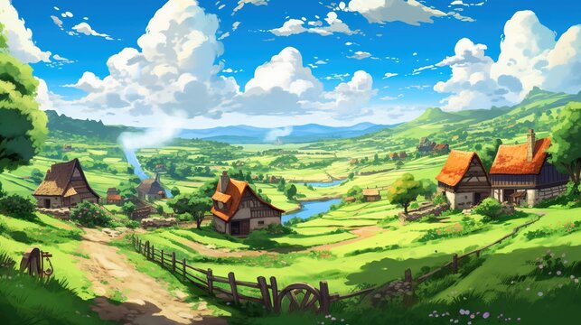 A scenic countryside with rolling hills and a quaint village in the distance. Fantasy concept , Illustration painting. Generative AI